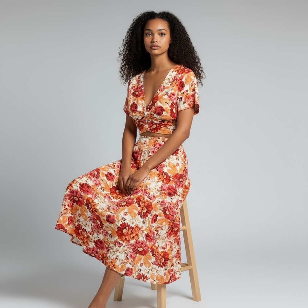 Japna 2p Set Crop Top Midi Flare Skirt Floral Cap Sleeve Smocked Size L
